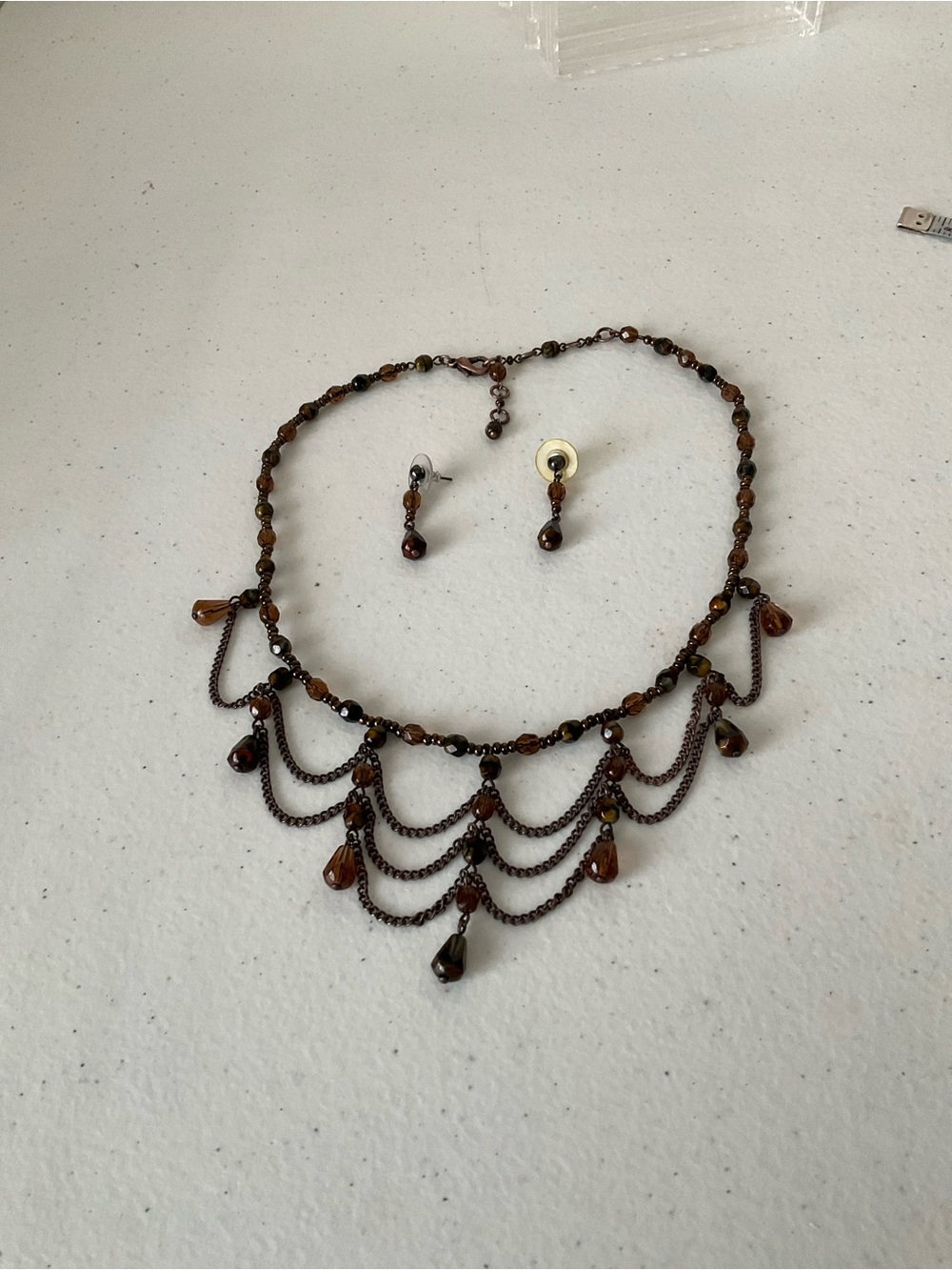 Brown Beaded Multi-Layer Chain Necklace with Matching Earrings